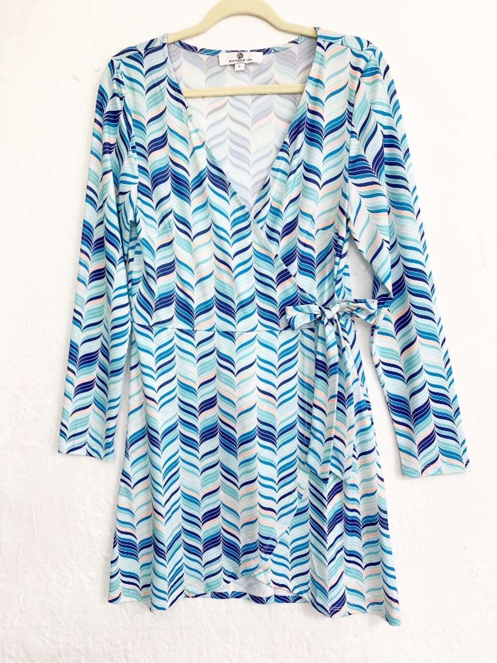Jean-Pierre Klifa Long Sleeve Faux Wrap Mini Dress Wavy Chevron Blue Green Sz L